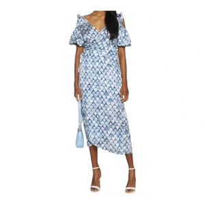 Never Fully Dressed Metallic Blue Marble Cold Shoulder Wrap Midi Dress 4